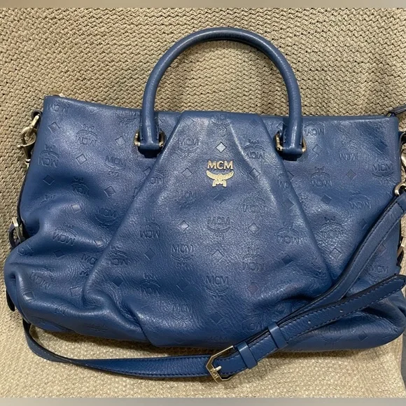 MCM Embossed Blue Leather Bag with original crossbody strap